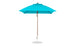 A fully open blue Ledge Lounger Essential Fiberglass Umbrella, with a 7.5 square pulley design, wooden pole, and white metal base, crafted from marine-grade fabrics featuring a classic finial on top, stands against a plain white background.