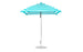 The Essential Fiberglass Umbrella by Ledge Lounger is a teal and white striped, 7.5 square design featuring a pointed top and slender pole. Crafted from marine-grade fabrics, it stands upright on a flat, round metal base for excellent durability.