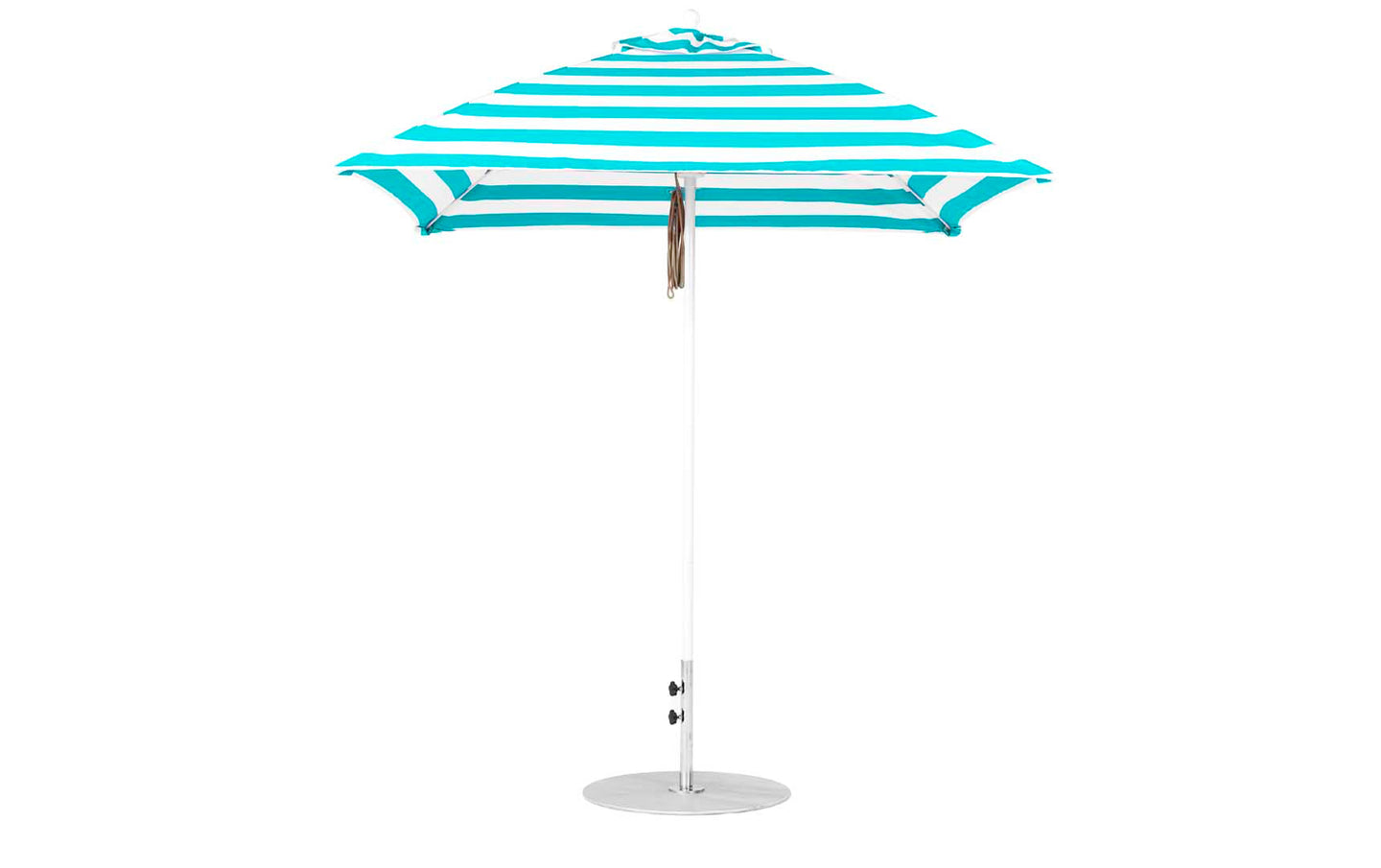 The Ledge Lounger Essential Fiberglass Umbrella features a blue and white stripe, marine-grade fabric, a pointed top with a straight metal pole, and stands securely on a round metallic base.