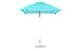 The Ledge Lounger Essential Fiberglass Umbrella features a blue and white stripe, marine-grade fabric, a pointed top with a straight metal pole, and stands securely on a round metallic base.