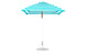 The Ledge Lounger Essential Fiberglass Umbrella features a blue and white stripe, marine-grade fabric, a pointed top with a straight metal pole, and stands securely on a round metallic base.