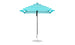 The Ledge Lounger Essential Fiberglass Umbrella, a 7.5 square pulley model in blue and white stripes, with a slim metal pole and round base, stands upright against a pristine white background.