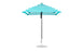 The Ledge Lounger Essential Fiberglass Umbrella, a 7.5 square pulley model in blue and white stripes, with a slim metal pole and round base, stands upright against a pristine white background.