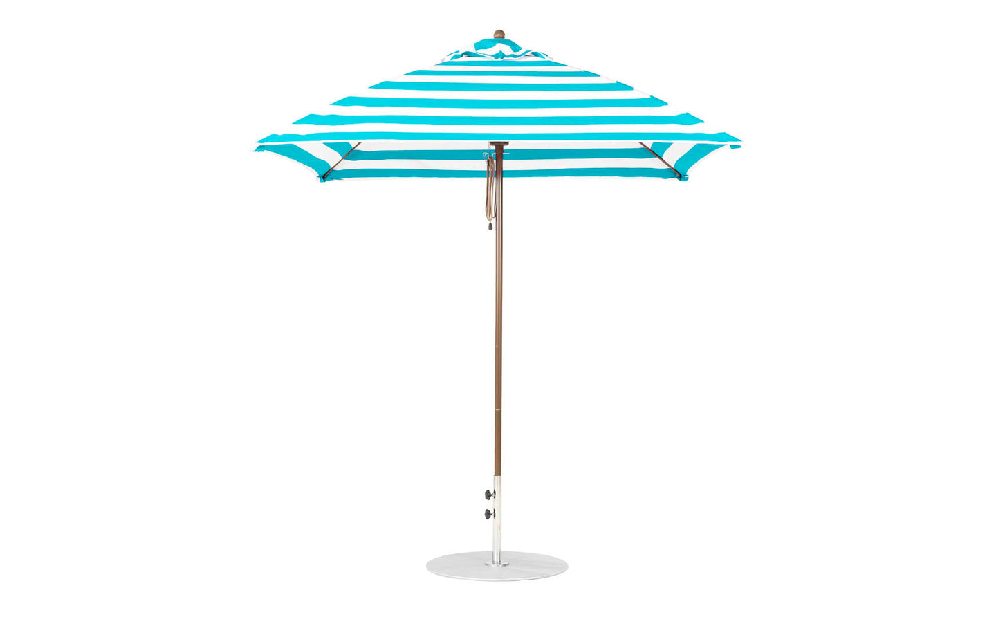 The Ledge Lounger Essential Fiberglass Umbrella - 7.5 Square Pulley features a turquoise and white striped design, a wooden pole with a round base, and is made from durable marine-grade fabrics.