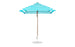 The Ledge Lounger Essential Fiberglass Umbrella - 7.5 Square Pulley features a turquoise and white striped design, a wooden pole with a round base, and is made from durable marine-grade fabrics.