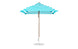 The Ledge Lounger Essential Fiberglass Umbrella - 7.5 Square Pulley features a turquoise and white striped design, a wooden pole with a round base, and is made from durable marine-grade fabrics.