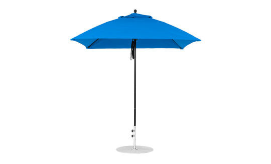 The Essential Fiberglass Umbrella by Ledge Lounger features a 7.5 square design with marine-grade fabric on a pointed top. Its sturdy metal pole rests on a round silver base, combining stylish durability for elegant outdoor shade.