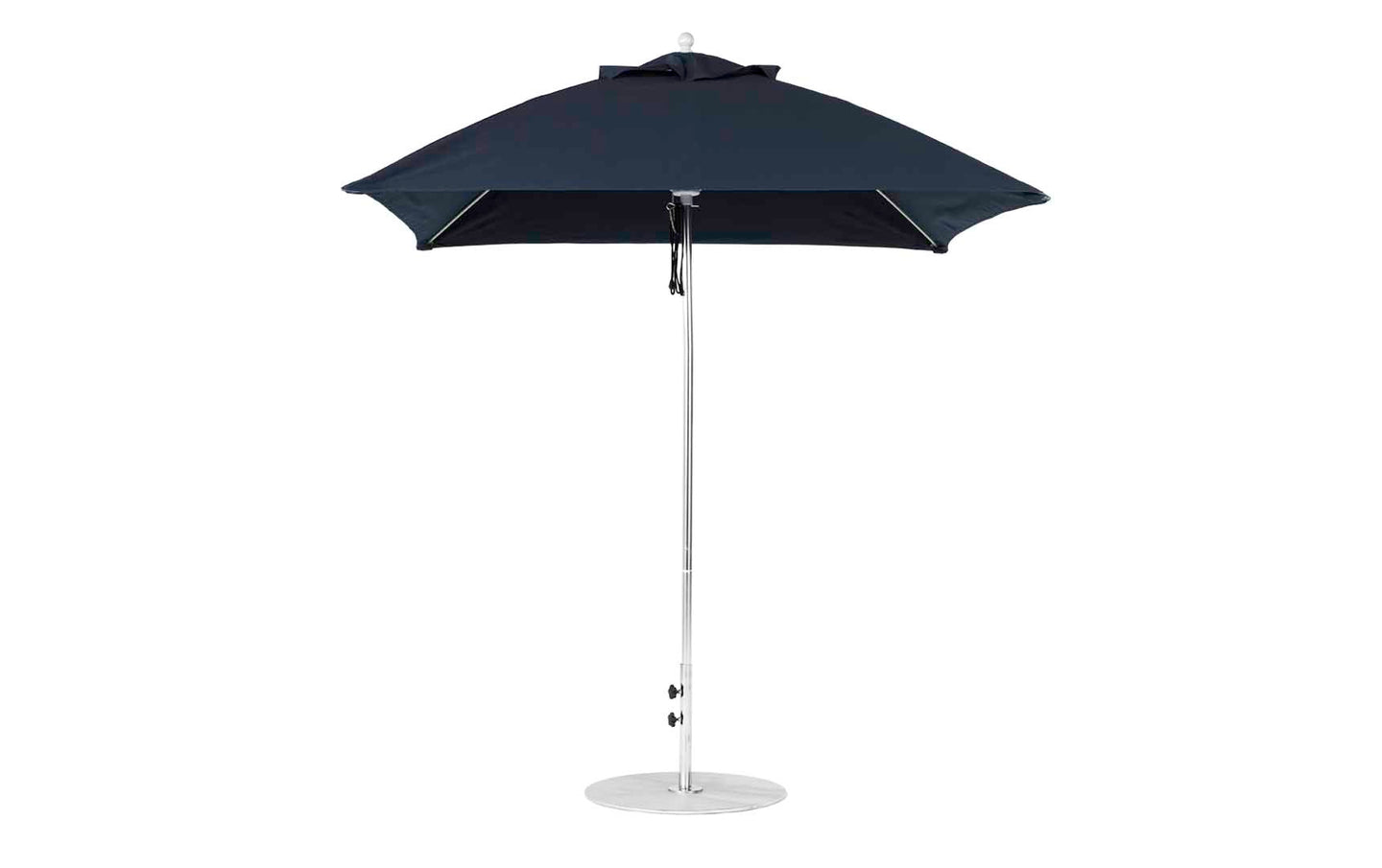 The Ledge Lounger Essential Fiberglass Umbrella, 7.5 Square Pulley, boasts a sleek black design with a sturdy metal pole and marine-grade fabric. Its wide canopy is open and upright against a plain white background.