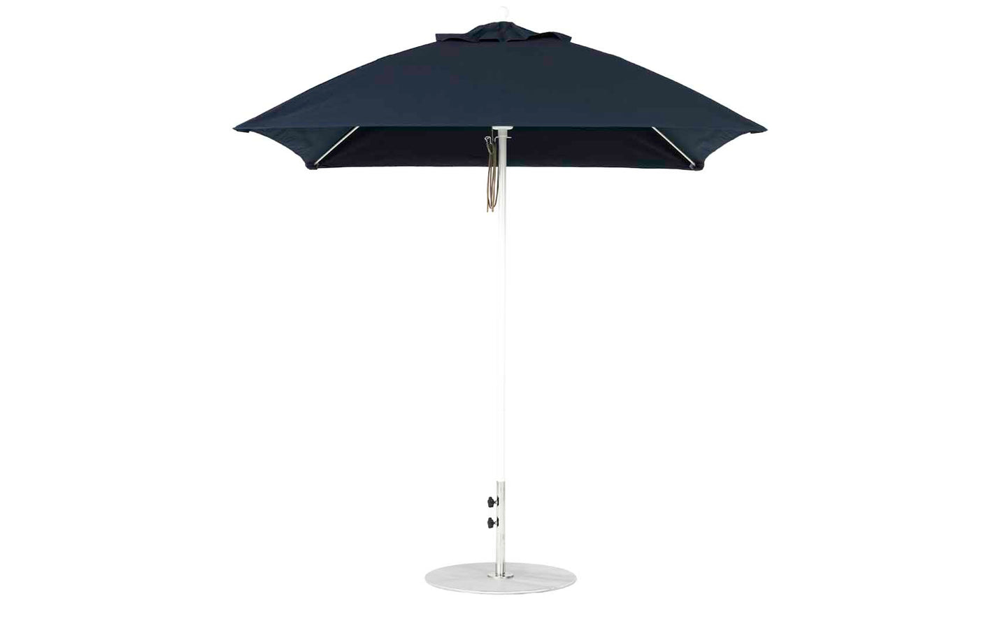Against a white backdrop, the Ledge Lounger Essential Fiberglass Umbrella - 7.5 Square Pulley, with a black canopy, silver pole, and round base is showcased. Its marine-grade fabric and sleek design promise durability and style in any outdoor setting.