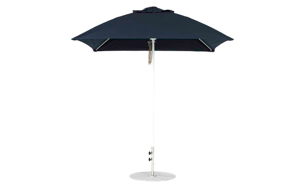 Against a white backdrop, the Ledge Lounger Essential Fiberglass Umbrella - 7.5 Square Pulley, with a black canopy, silver pole, and round base is showcased. Its marine-grade fabric and sleek design promise durability and style in any outdoor setting.
