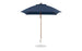 The Ledge Lounger Essential Fiberglass Umbrella features a 7.5 square canopy with marine-grade fabrics for durability, a wooden pole, and a round white base. Its stylish design offers resilience, standing fully open and upright.