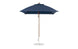 The Ledge Lounger Essential Fiberglass Umbrella features a 7.5 square canopy with marine-grade fabrics for durability, a wooden pole, and a round white base. Its stylish design offers resilience, standing fully open and upright.