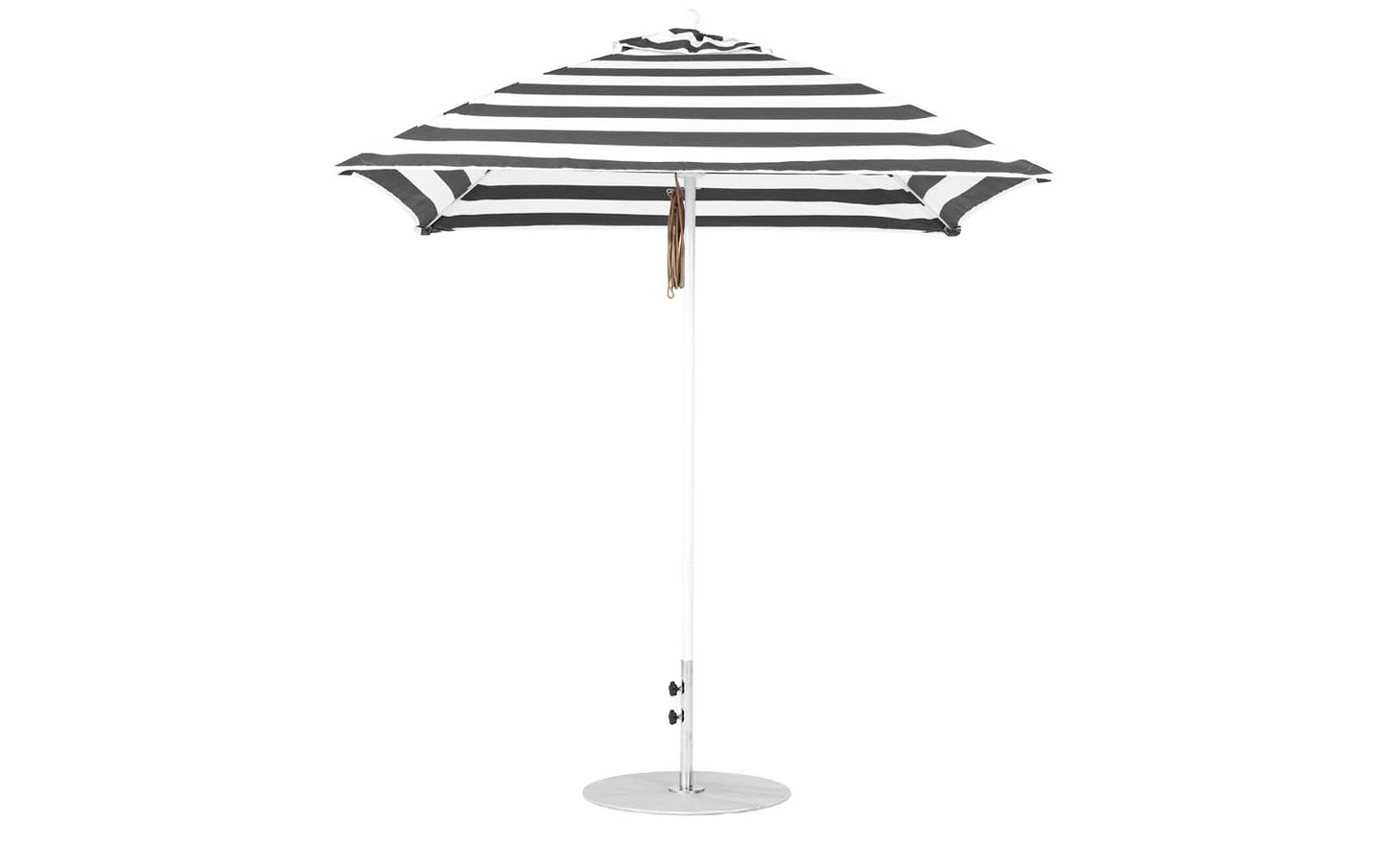 The Essential Fiberglass Umbrella by Ledge Lounger features a striped black and white design with a round base, central metallic pole, and wooden handle. Crafted for durability and style from marine-grade fabrics, its circular canopy is fully open against a white background.