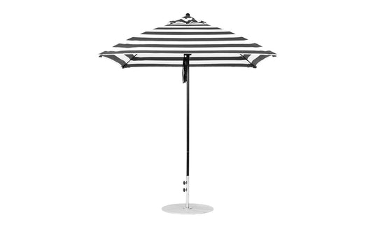 The Ledge Lounger Essential Fiberglass Umbrella, with a 7.5 square pulley, offers a classic black and white striped design. Crafted from marine-grade fabrics, it includes a straight pole and pointed top for outdoor elegance and durability.