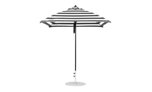The Ledge Lounger Essential Fiberglass Umbrella, with a 7.5 square pulley, offers a classic black and white striped design. Crafted from marine-grade fabrics, it includes a straight pole and pointed top for outdoor elegance and durability.