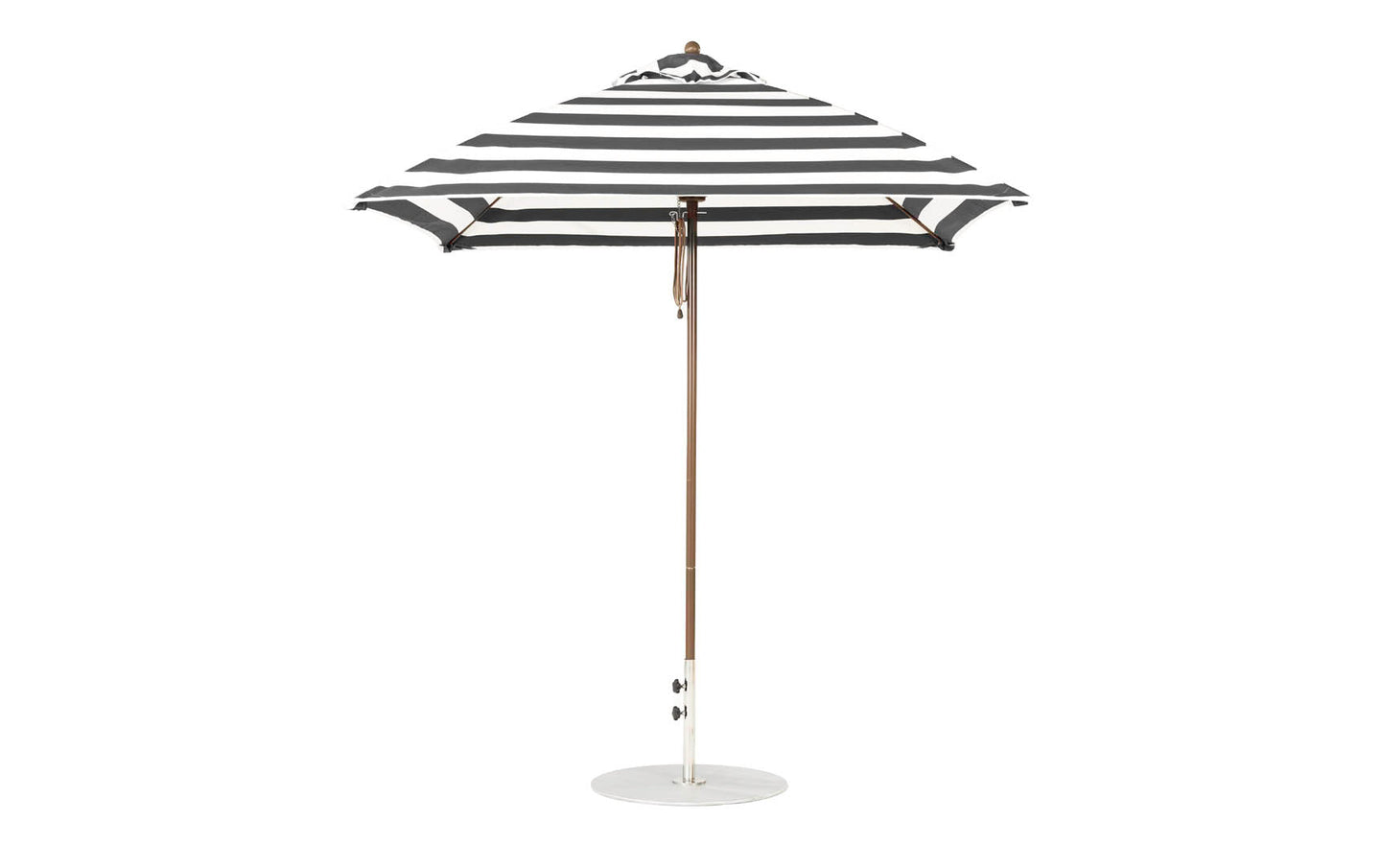 The Ledge Lounger Essential Fiberglass Umbrella in black and white stripes, with marine-grade fabric and a wooden pole, boasts a 7.5 square design with a round white base, showcasing its classic pattern when open.