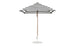 The Ledge Lounger Essential Fiberglass Umbrella in black and white stripes, with marine-grade fabric and a wooden pole, boasts a 7.5 square design with a round white base, showcasing its classic pattern when open.