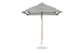 The Ledge Lounger Essential Fiberglass Umbrella in black and white stripes, with marine-grade fabric and a wooden pole, boasts a 7.5 square design with a round white base, showcasing its classic pattern when open.