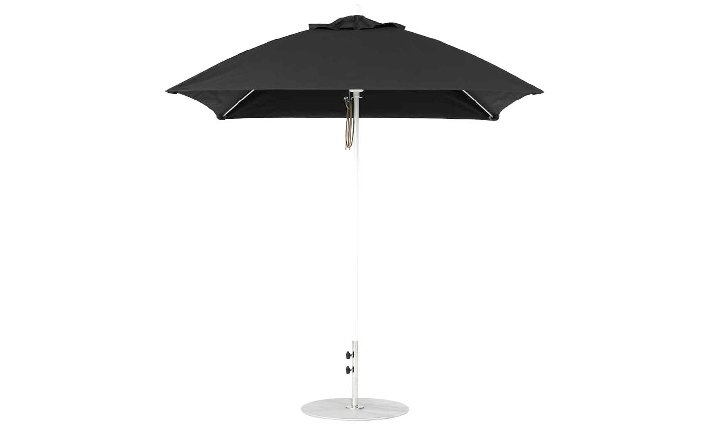 The Ledge Lounger Essential Fiberglass Umbrella - 7.5 Square Pulley features a minimalist black hexagonal canopy made from marine-grade fabric, a silver pole, and a round metal base, offering durability and chic style for outdoor settings.