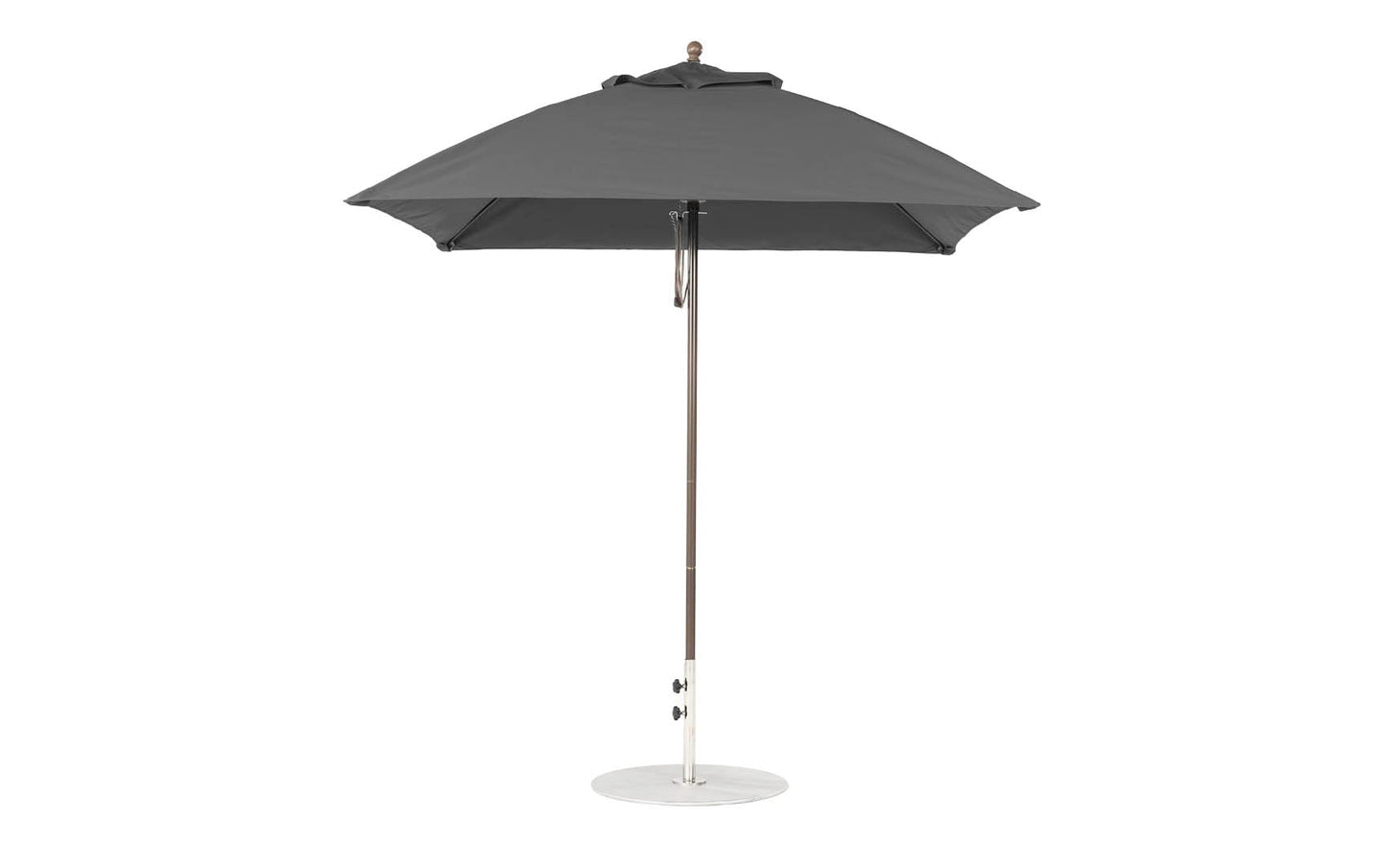 The Ledge Lounger Essential Fiberglass Umbrella - 7.5 Square Pulley is a gray outdoor umbrella featuring a sleek metal pole, smooth circular base, and a round canopy made from marine-grade fabrics, ensuring durability and style against its plain white background.