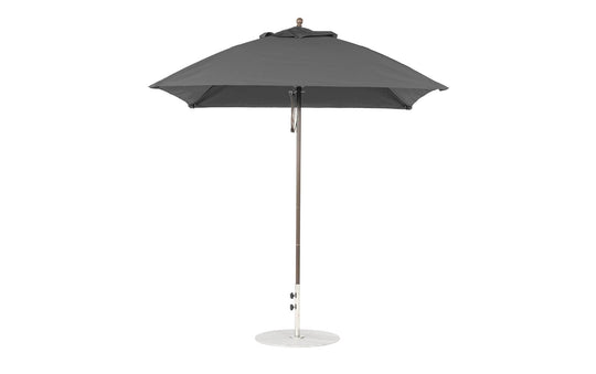 The Ledge Lounger Essential Fiberglass Umbrella - 7.5 Square Pulley is a gray outdoor umbrella featuring a sleek metal pole, smooth circular base, and a round canopy made from marine-grade fabrics, ensuring durability and style against its plain white background.