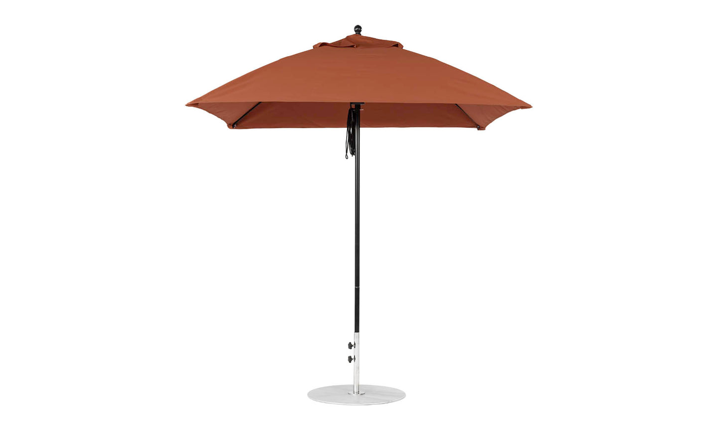 The Essential Fiberglass Umbrella by Ledge Lounger features a tall brown design with a metal pole and round base, showcasing its smooth marine-grade fabric for durability and style in any outdoor setting.