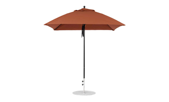 The Essential Fiberglass Umbrella by Ledge Lounger features a tall brown design with a metal pole and round base, showcasing its smooth marine-grade fabric for durability and style in any outdoor setting.