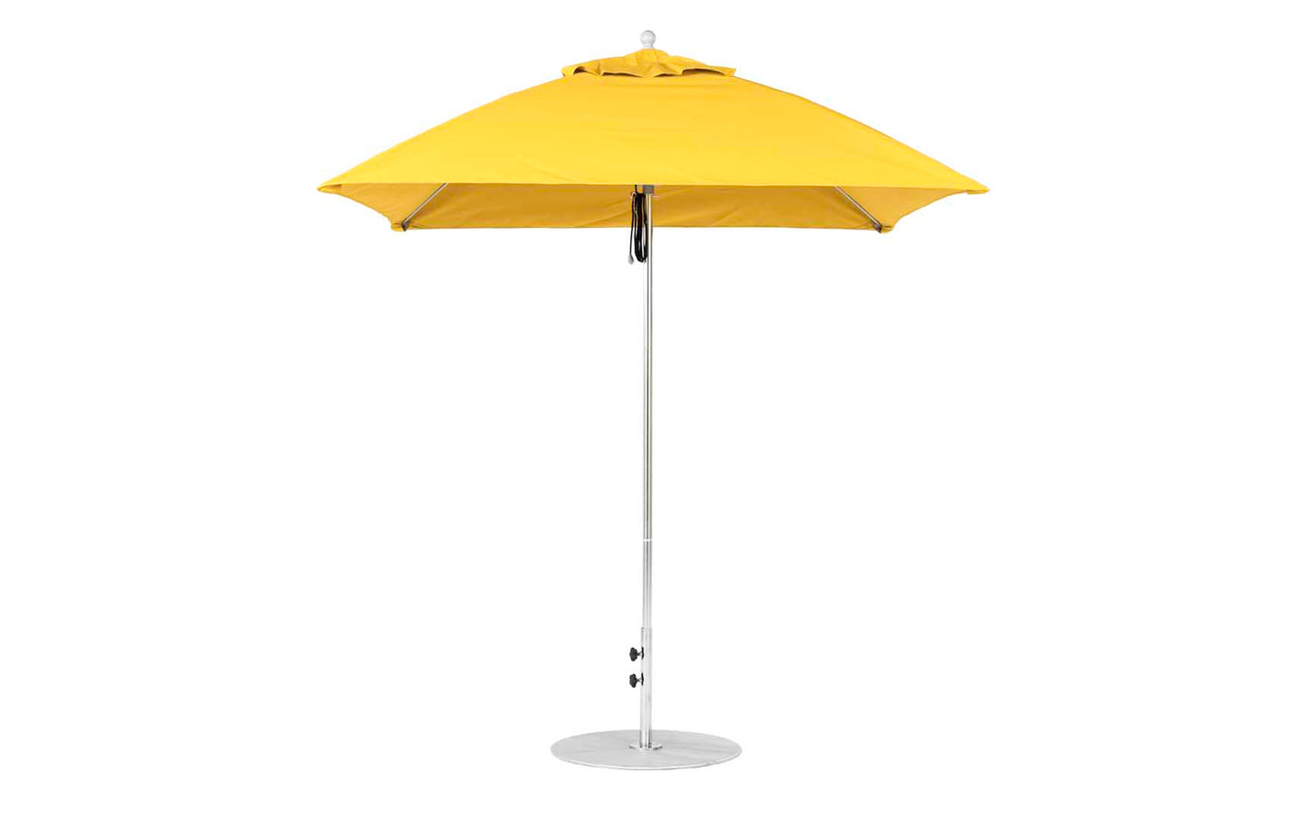 A Ledge Lounger Essential Fiberglass Umbrella - 7.5 Square Pulley, featuring a single pole and round metal base, stands upright against a white background. Its canopy is made from marine-grade fabrics for enhanced durability in any weather.