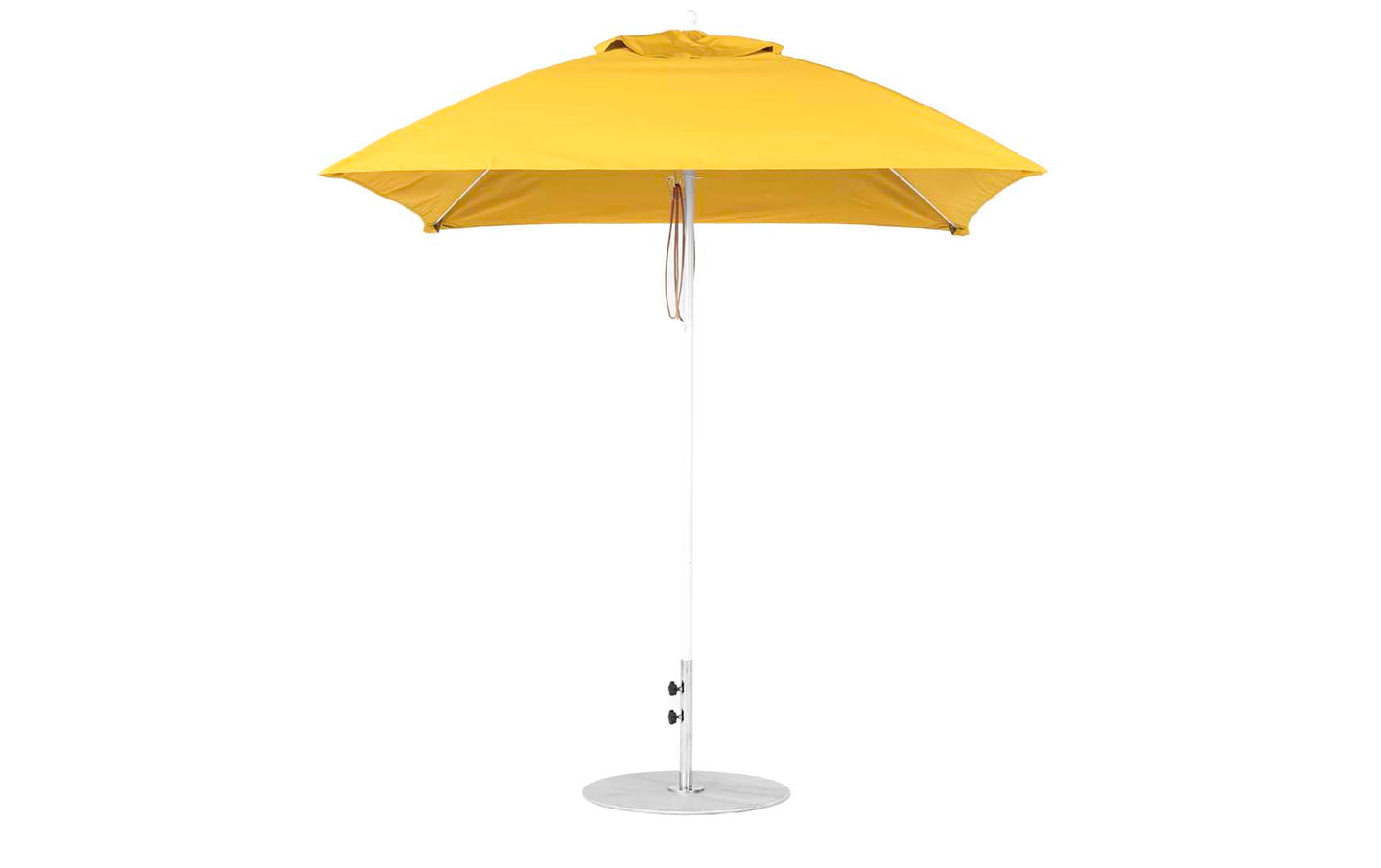 The Essential Fiberglass Umbrella by Ledge Lounger, featuring a sleek silver metal pole and round base, showcases a vibrant yellow square design with a flat top and marine-grade fabrics for lasting durability.