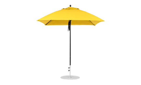The Ledge Lounger Essential Fiberglass Umbrella - 7.5 Square Pulley features a yellow marine-grade fabric canopy with a silver pole and round base, providing vibrant shade and durability for outdoor settings.