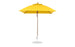 A yellow Essential Fiberglass Umbrella - 7.5 Square Pulley by Ledge Lounger features a marine-grade fabric canopy, thin silver pole, and circular base. The closed umbrella stands upright against a white background, highlighting its durable design.