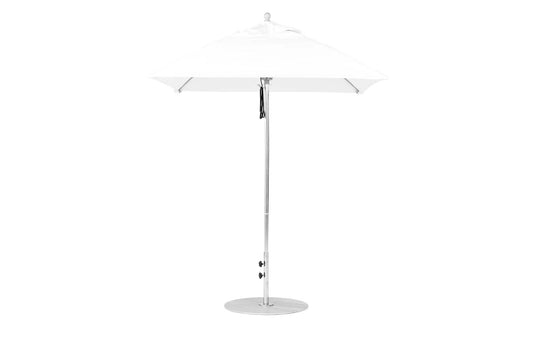 The Essential Fiberglass Umbrella by Ledge Lounger is a 6.5 square, modern outdoor umbrella with a minimalistic design. It features marine-grade fabrics, an aluminum center pole, and a round metal base for sleek support.
