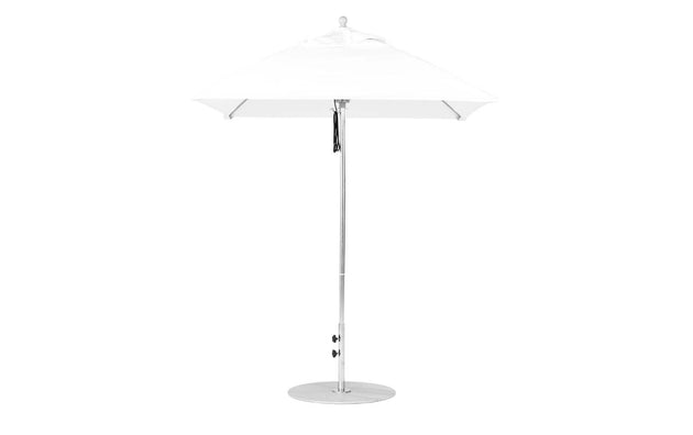 The Essential Fiberglass Umbrella by Ledge Lounger is a 6.5 square, modern outdoor umbrella with a minimalistic design. It features marine-grade fabrics, an aluminum center pole, and a round metal base for sleek support.