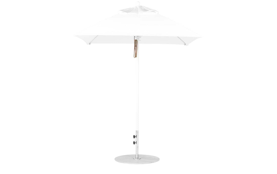 The Ledge Lounger Essential Fiberglass Umbrella - 6.5 Square Pulley features a sleek design with an aluminum center pole and smooth metal base, enhanced by marine-grade fabrics, making it ideal for outdoor use.