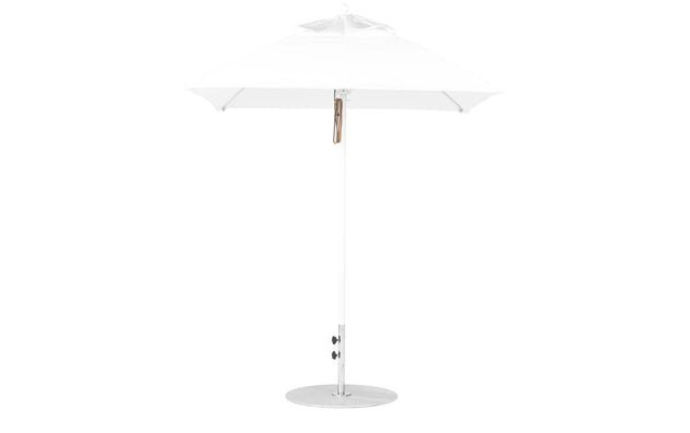 The Ledge Lounger Essential Fiberglass Umbrella - 6.5 Square Pulley features a sleek design with an aluminum center pole and smooth metal base, enhanced by marine-grade fabrics, making it ideal for outdoor use.