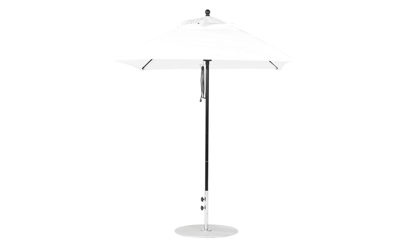 The Ledge Lounger Essential Fiberglass Umbrella, a 6.5 square pulley model in white with marine-grade fabrics, features a minimalist design and includes a durable aluminum center pole and round base, ideal for any outdoor patio setting.