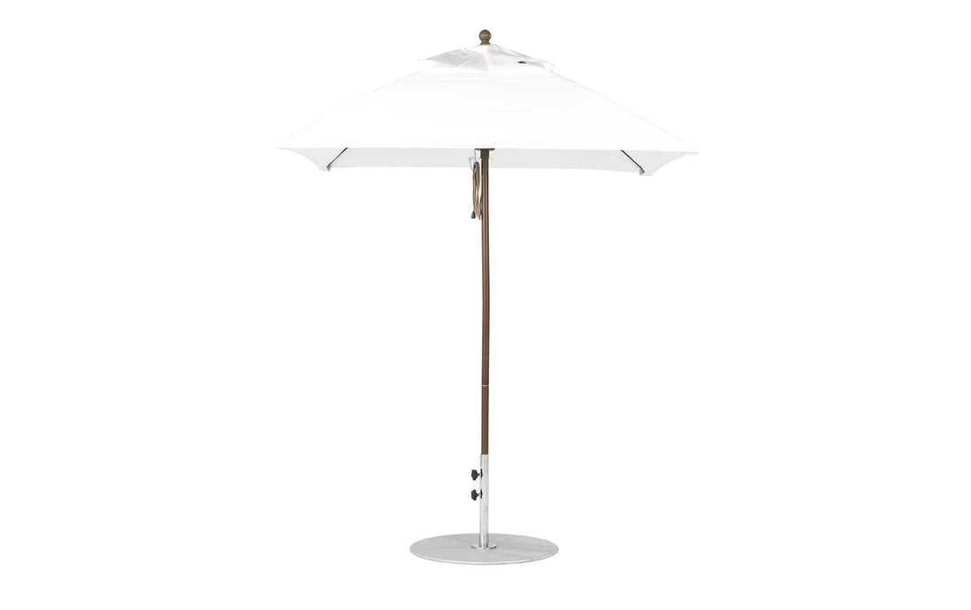 The Ledge Lounger Essential Fiberglass Umbrella - 6.5 Square Pulley features a brown aluminum center pole and round metal base, all set against a plain white background.