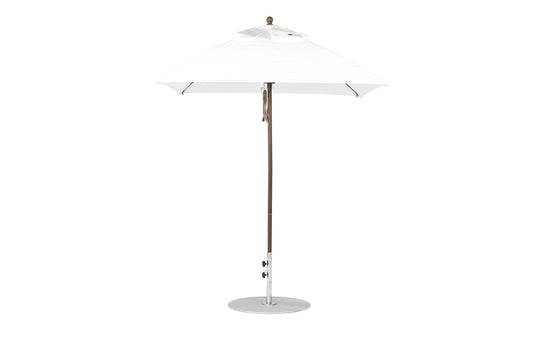 The Ledge Lounger Essential Fiberglass Umbrella - 6.5 Square Pulley features a brown aluminum center pole and round metal base, all set against a plain white background.