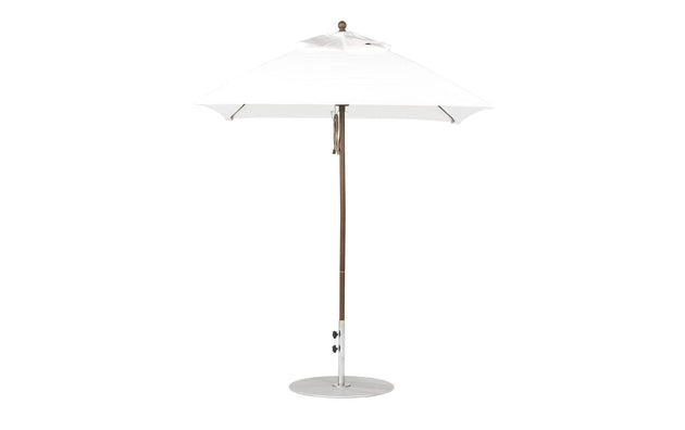 The Ledge Lounger Essential Fiberglass Umbrella - 6.5 Square Pulley features a brown aluminum center pole and round metal base, all set against a plain white background.