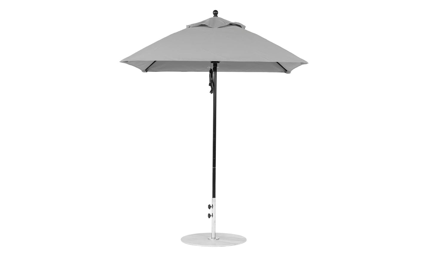 The Ledge Lounger Essential Fiberglass Umbrella features a gray, square canopy made from marine-grade fabrics, set atop a sleek black pole with an aluminum center. Its modern design stands proudly on a circular base against a plain white background.