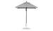 The Ledge Lounger Essential Fiberglass Umbrella features a gray, square canopy made from marine-grade fabrics, set atop a sleek black pole with an aluminum center. Its modern design stands proudly on a circular base against a plain white background.