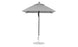 The Ledge Lounger Essential Fiberglass Umbrella features a gray, square canopy made from marine-grade fabrics, set atop a sleek black pole with an aluminum center. Its modern design stands proudly on a circular base against a plain white background.