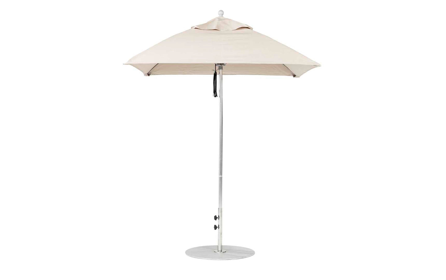 The Ledge Lounger Essential Fiberglass Umbrella features a 6.5 square canopy with durable aluminum pole and simple pulley mechanism for easy use. Its stable base, marine-grade fabrics, and stylish design make it perfect for outdoor settings.