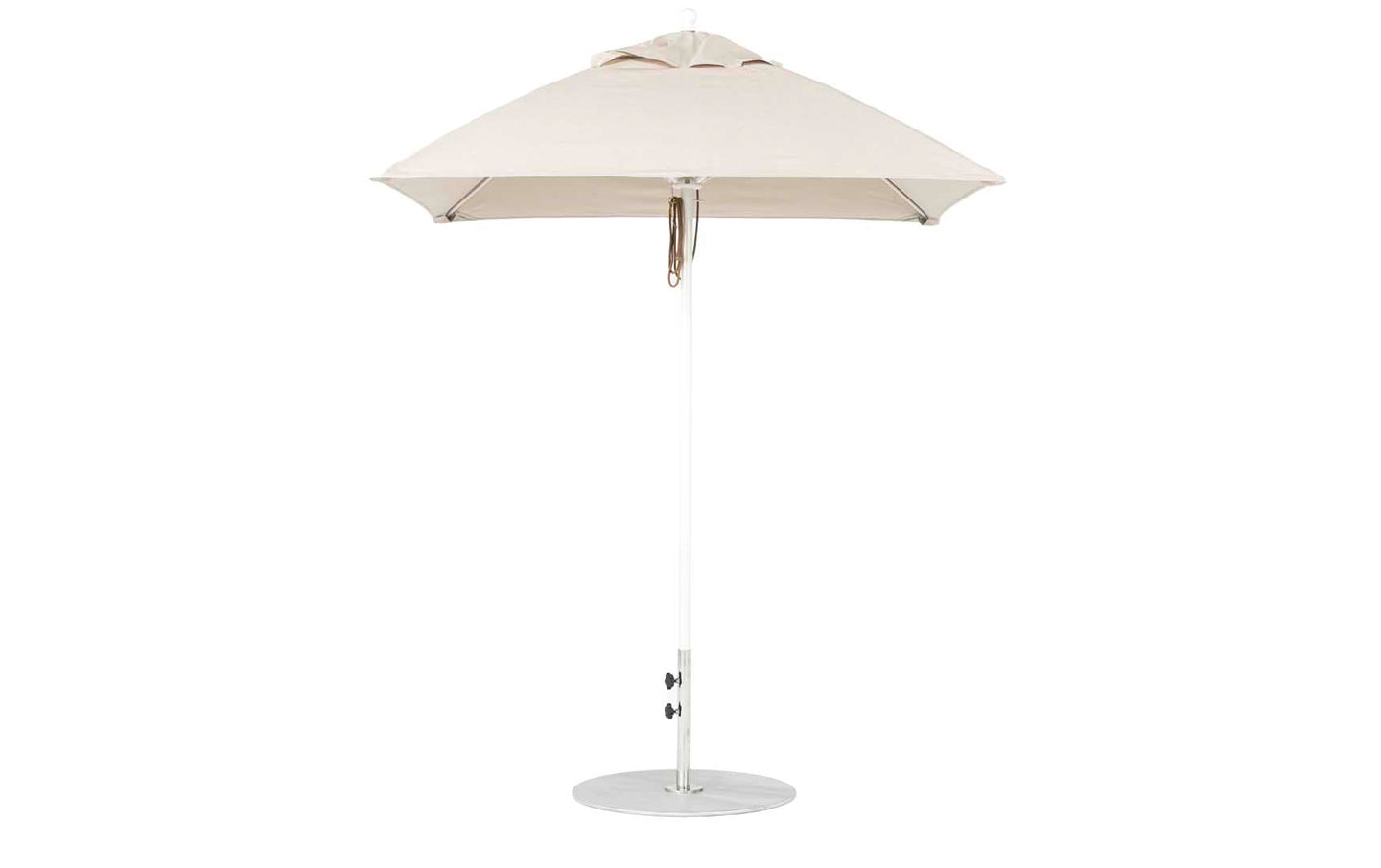 The Ledge Lounger Essential Fiberglass Umbrella - 6.5 Square Pulley features a beige canopy with an aluminum center pole and round metal base. Its minimalist design enhances any outdoor space, while marine-grade fabrics guarantee durability in patios or gardens.