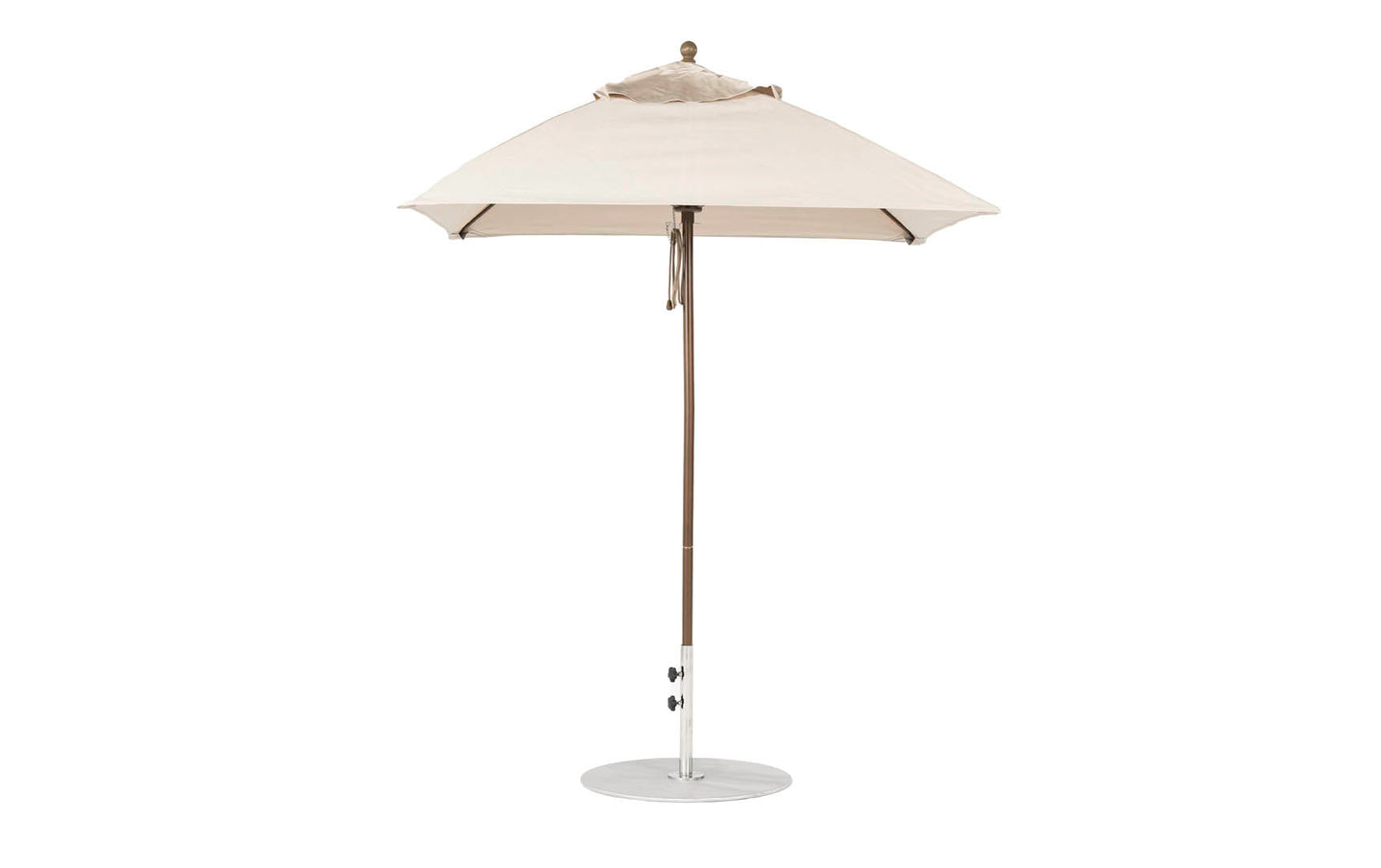 The Ledge Lounger Essential Fiberglass Umbrella - 6.5 Square Pulley showcases a beige marine-grade fabric canopy, an aluminum center pole, and a round metal base, offering ample shade and an elegant decorative finial on top.