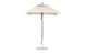 The Ledge Lounger Essential Fiberglass Umbrella - 6.5 Square Pulley showcases a beige marine-grade fabric canopy, an aluminum center pole, and a round metal base, offering ample shade and an elegant decorative finial on top.