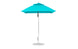 The Ledge Lounger Essential Fiberglass Umbrella - 6.5 Square Pulley features a turquoise marine-grade fabric canopy, elegantly slanted on a sleek aluminum pole with a sturdy round base, set against a plain white background.