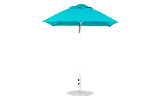 The Ledge Lounger Essential Fiberglass Umbrella, a 6.5 square pulley model, uses marine-grade fabrics for a teal top. It features an aluminum pole with an adjustable knob and a sturdy metallic base for durability, making it perfect for outdoor use.