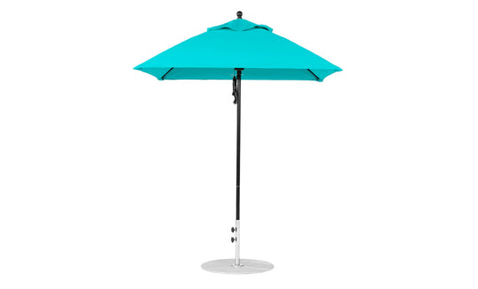 The Ledge Lounger Essential Fiberglass Umbrella - 6.5 Square Pulley showcases a vibrant turquoise canopy made from durable marine-grade fabrics, with an aluminum center pole and a sturdy round base.