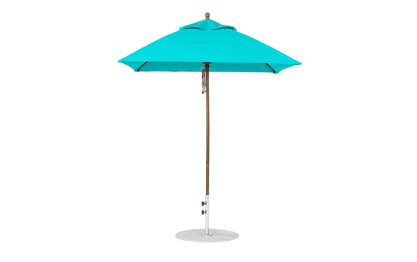 The Ledge Lounger Essential Fiberglass 6.5 Square Pulley Umbrella has a turquoise marine-grade fabric canopy and aluminum center pole, providing durable shade. It stands on a sturdy round base against a white background.
